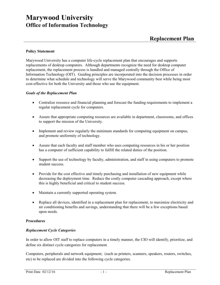 Replacement Plan Marywood University
