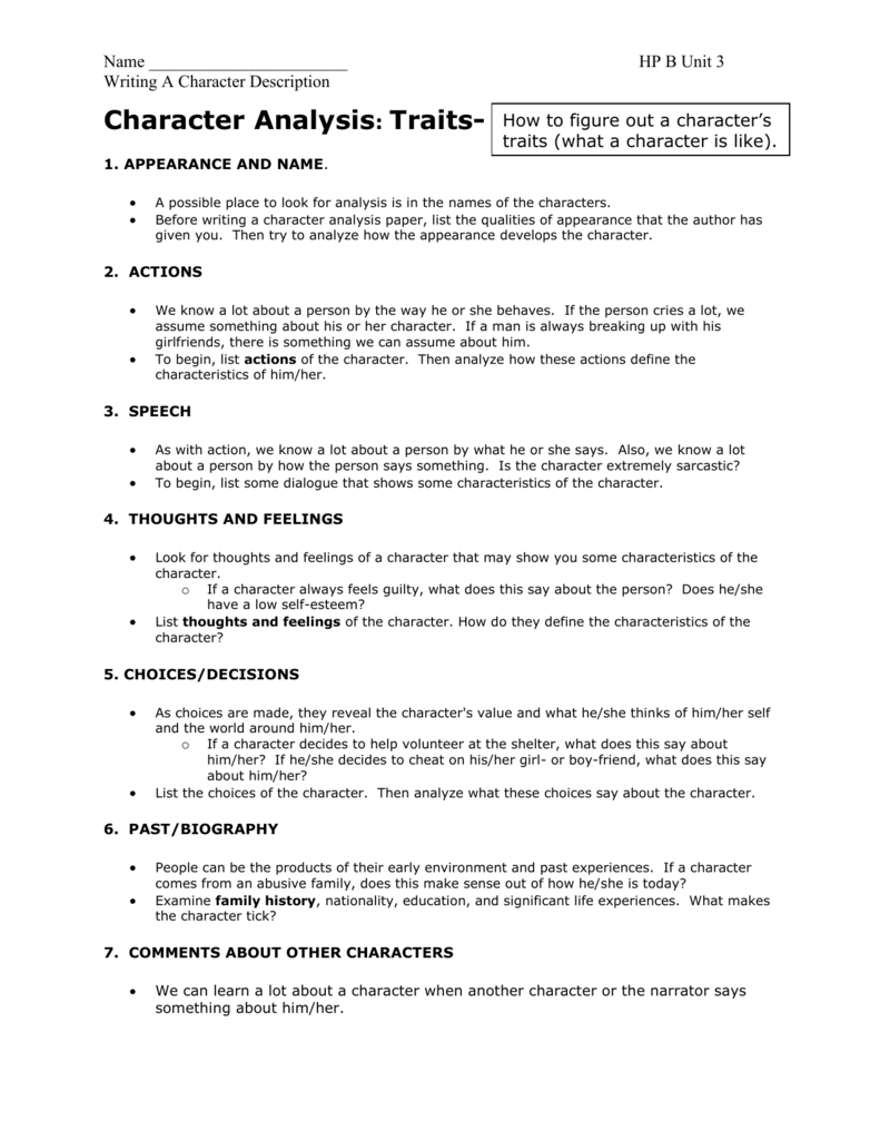 Character Analysis Traits 