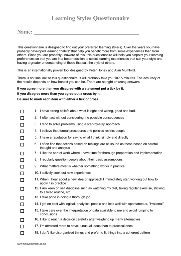 Honey And Mumford Learning Style Questionnaire Lineartdrawingscolortheory
