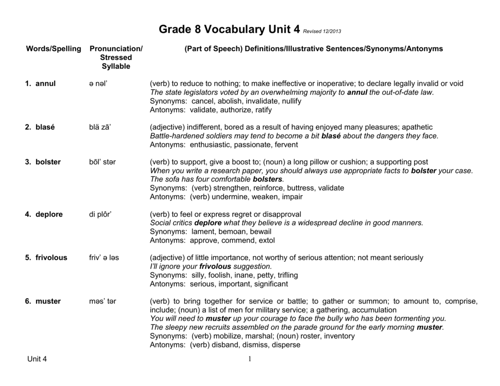 Grade 8 Vocabulary Unit 4 Revised