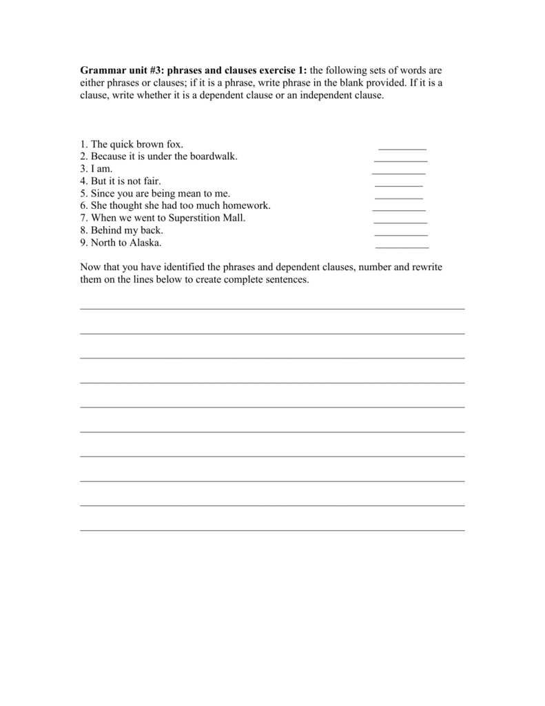 Grammar unit #22 phrases and clauses exercise 22: the following sets Within Phrase And Clause Worksheet