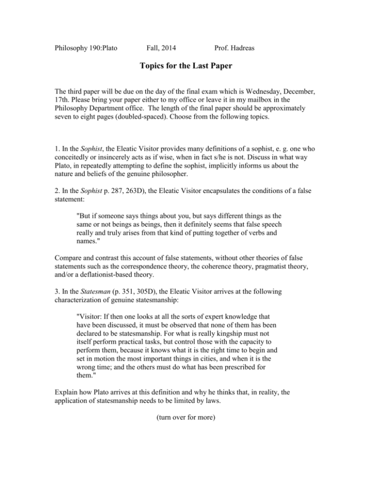 Plato Final Paper Topics