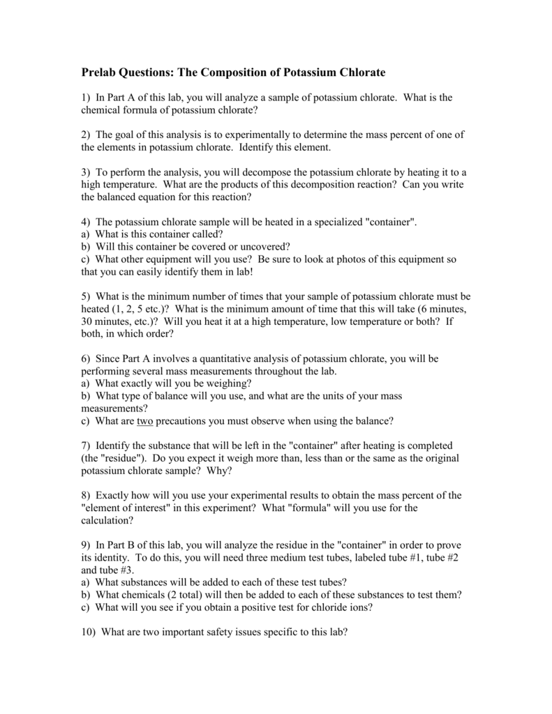 Prelab Questions The Position Of Potassium Chlorate