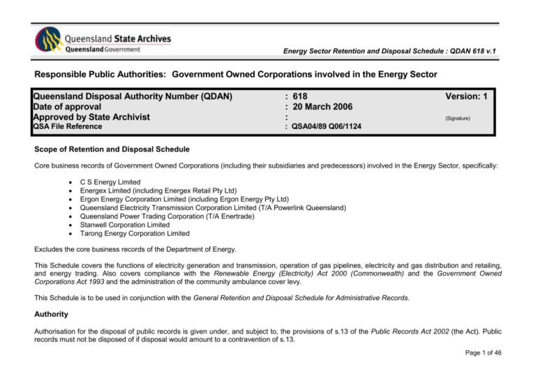 Energy Sector Retention And Disposal Schedule QDAN618 V 1