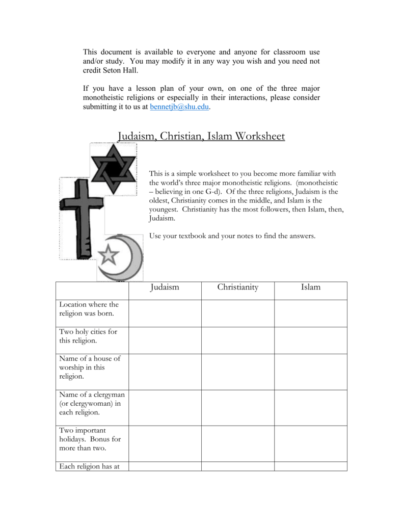 Monotheistic Religions Worksheet