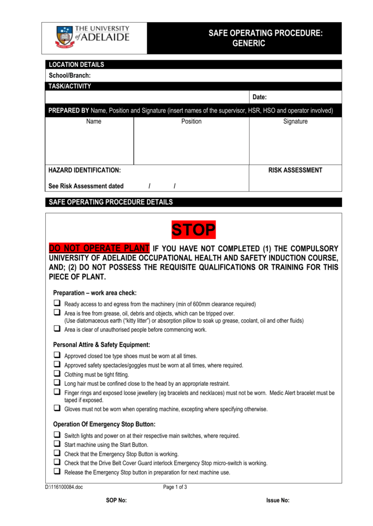 Safe Operating Procedures Template