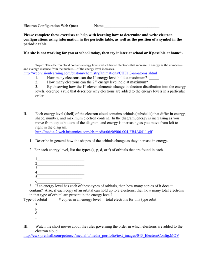 Electron Configuration Web Quest Pertaining To Periodic Table Webquest Worksheet Answers