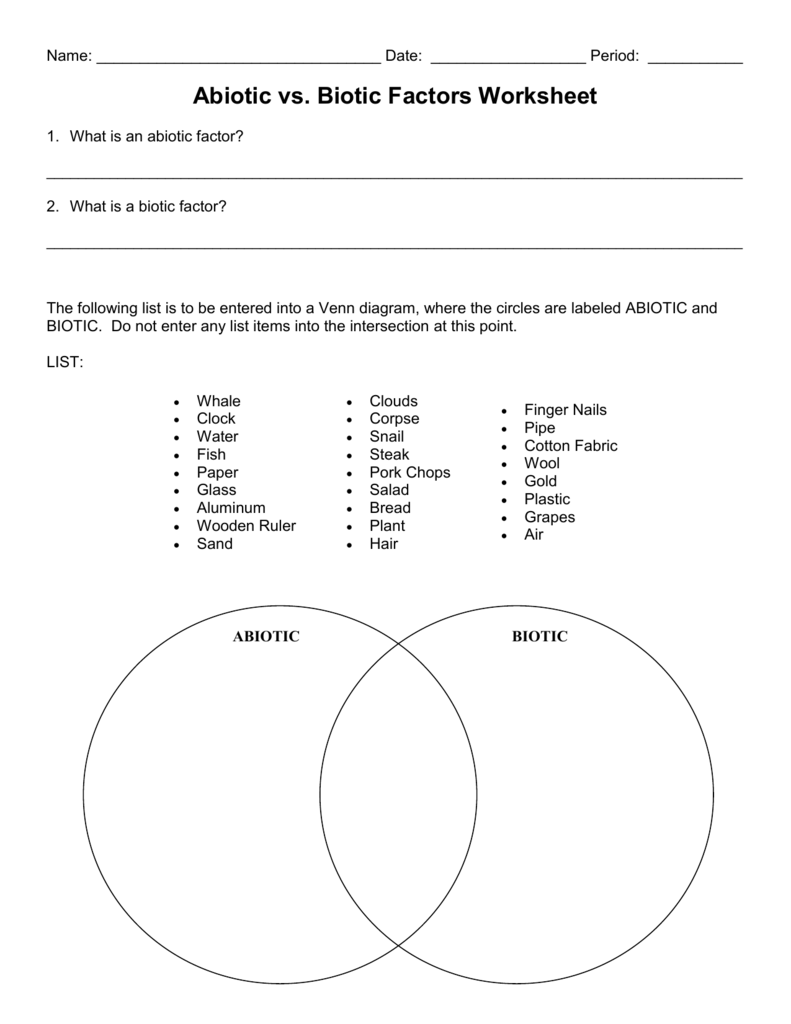 Worksheet 1 Abiotic Versus Biotic Factors