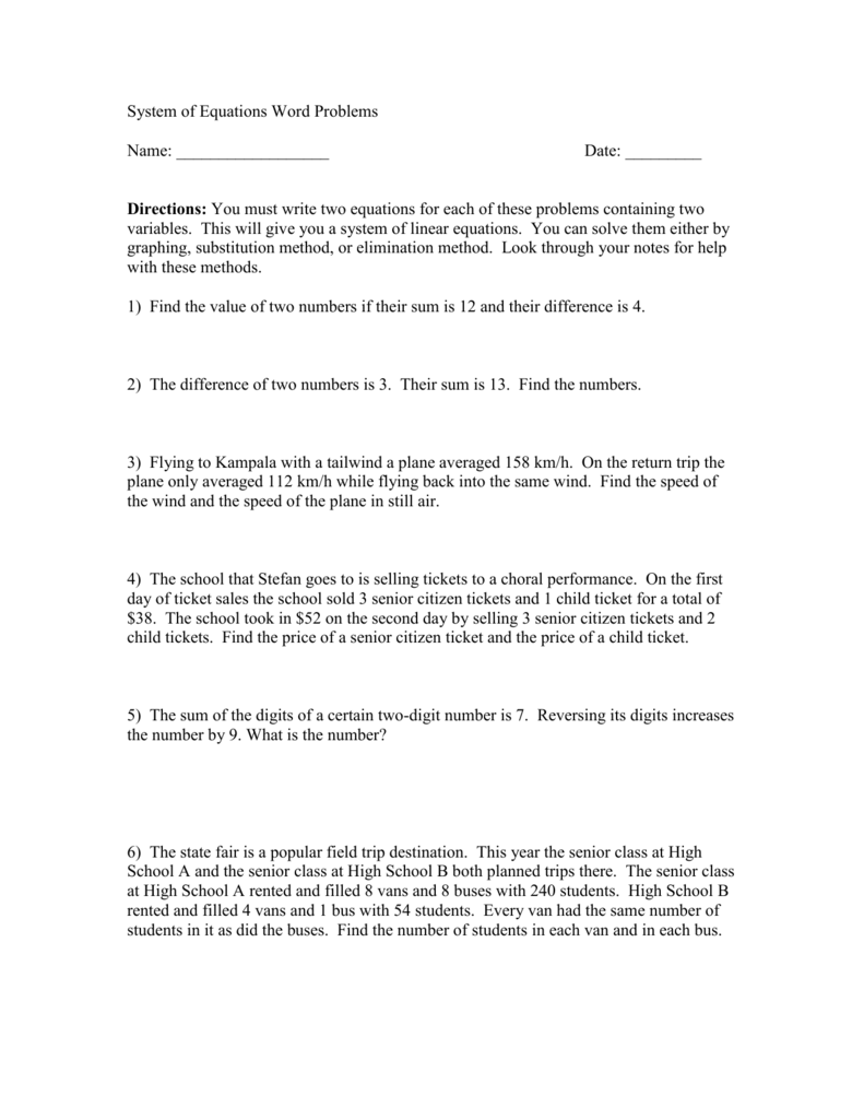 System of Equations Word Problems For Systems Word Problems Worksheet