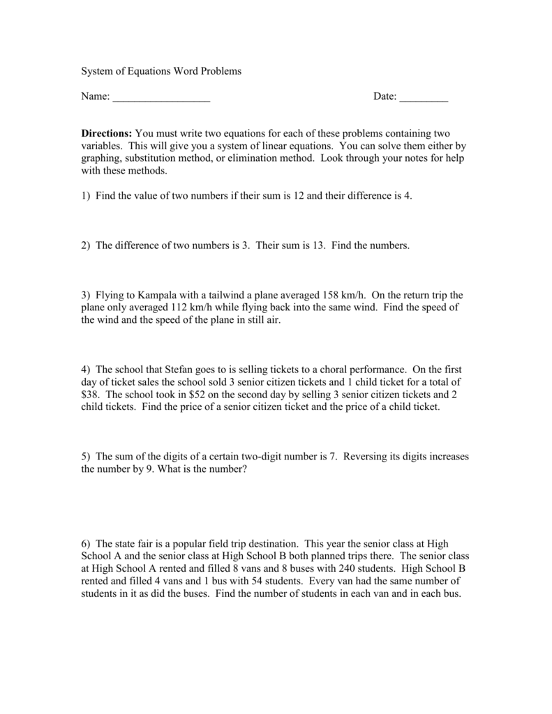 System of Equations Word Problems Throughout  Systems Word Problems Worksheet