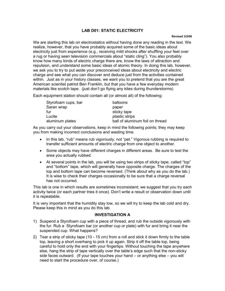 LAB D01: STATIC ELECTRICITY