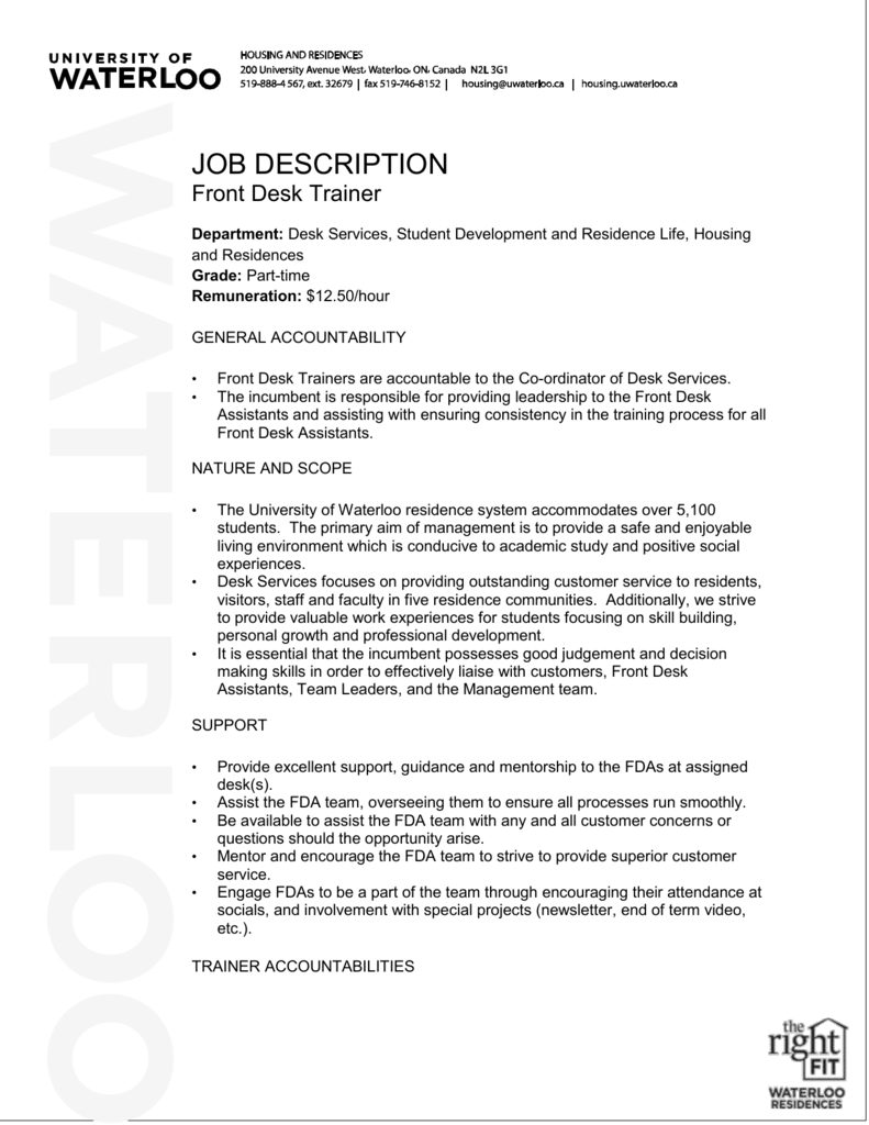 Job Description Front Desk Trainer Department Desk Services