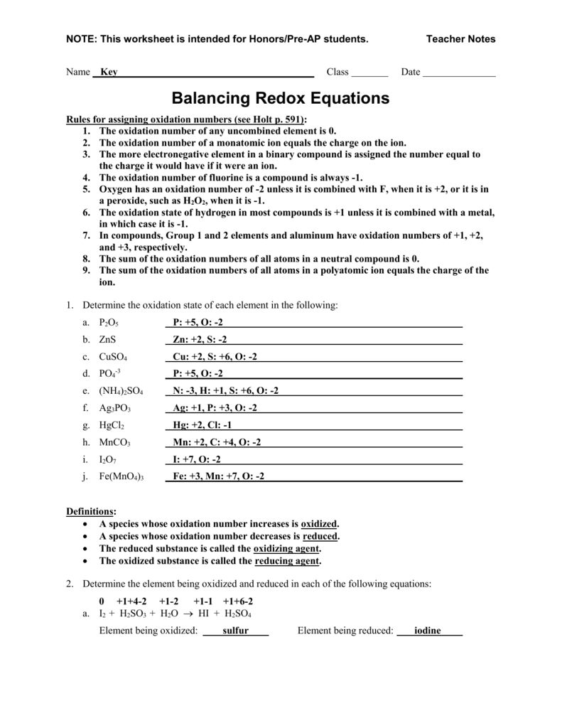 Worksheet #24. Worksheet - Balancing Redox Equations With Regard To Oxidation And Reduction Worksheet