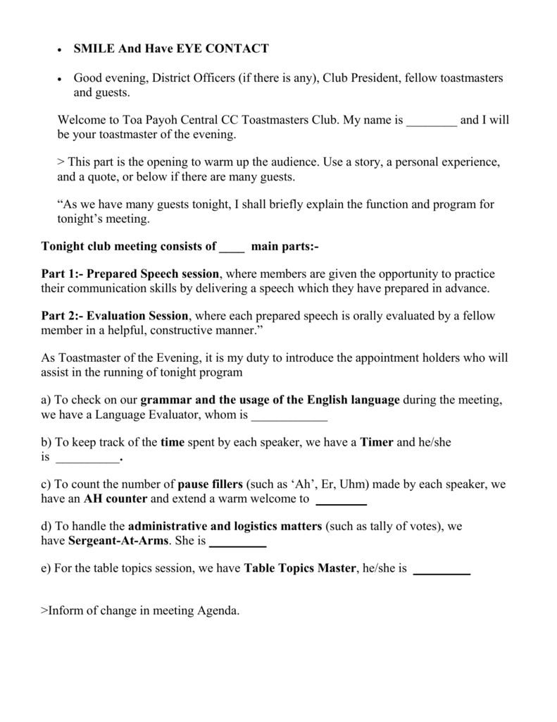 example toastmaster speech