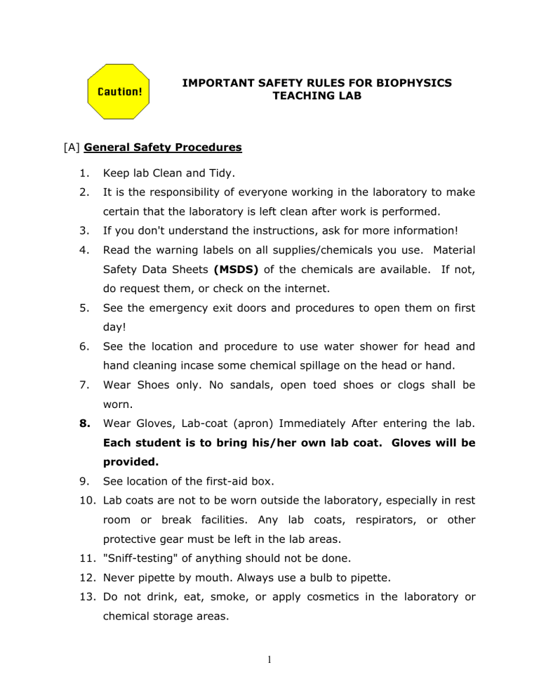 Safety Rules For Biophysics Teaching Laboratory