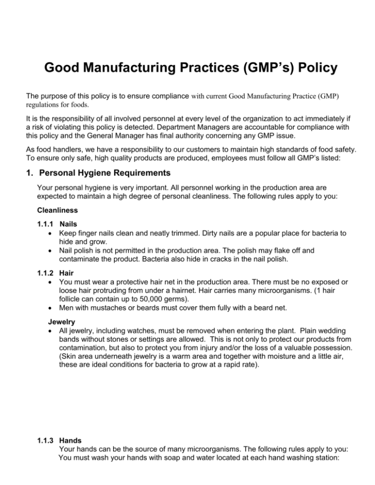 Good Manufacturing Practices Gmp`s Policy