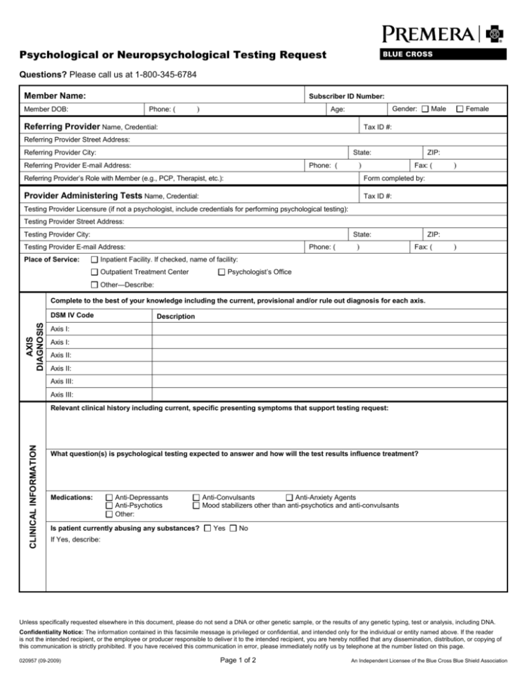 Psychological And Neuropsychological Testing Request Form 8391