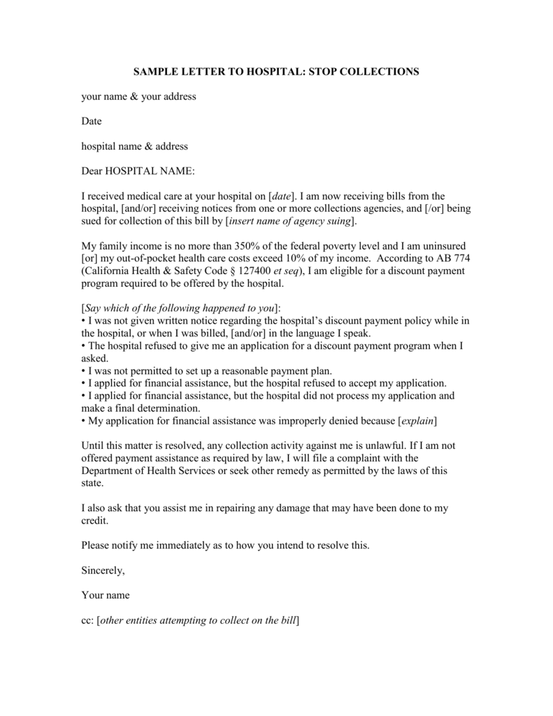 SAMPLE LETTER TO HOSPITAL STOP COLLECTIONS