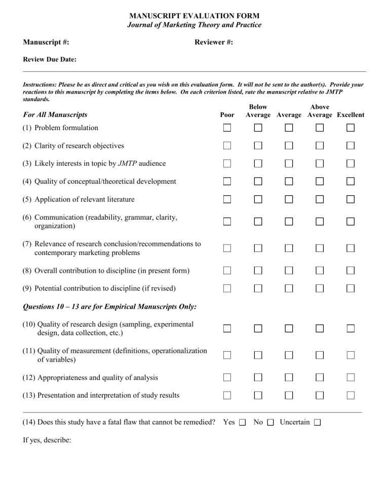 JMTP Manuscript Evaluation Form - Journal of Marketing Theory