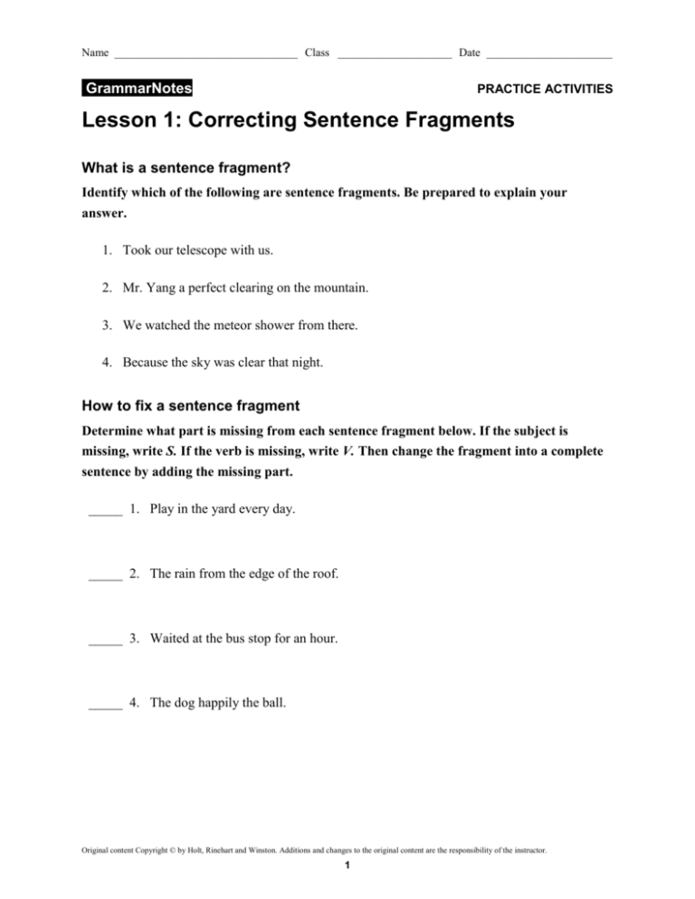 Lesson 1 Correcting Sentence Fragments Answer Key 34 Pages Solution 3 