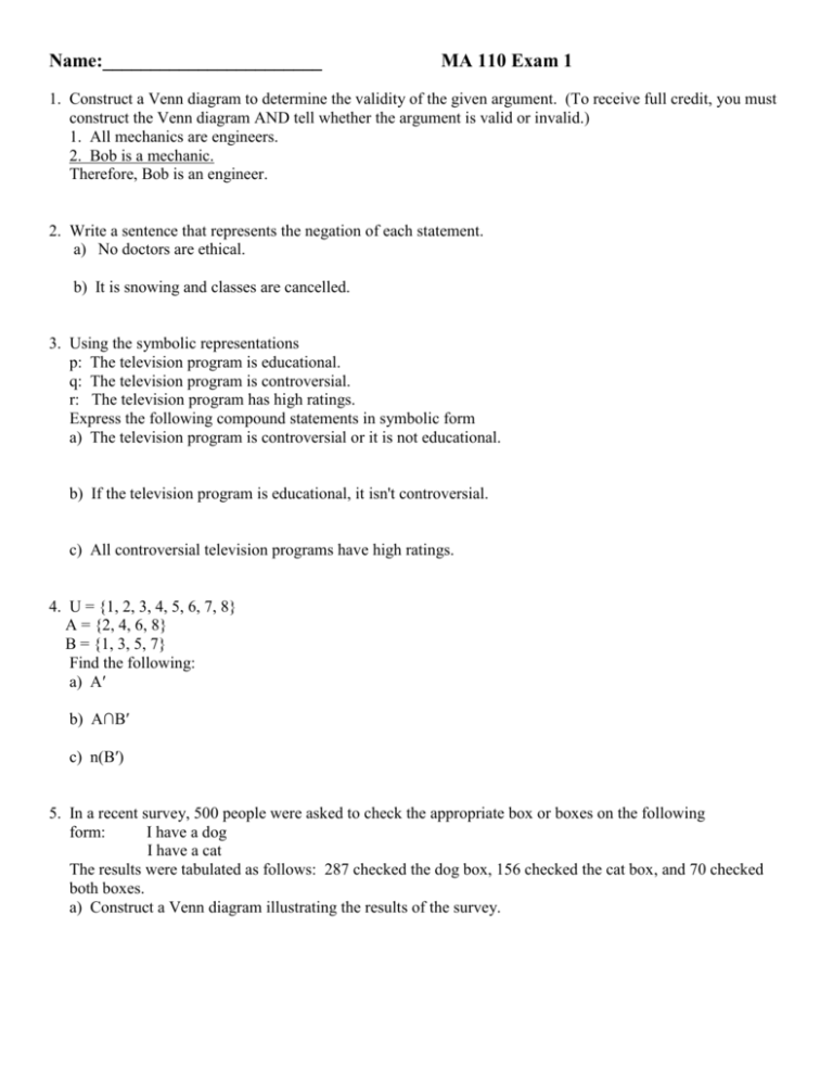 Exam 1b MA110 - University of South Alabama