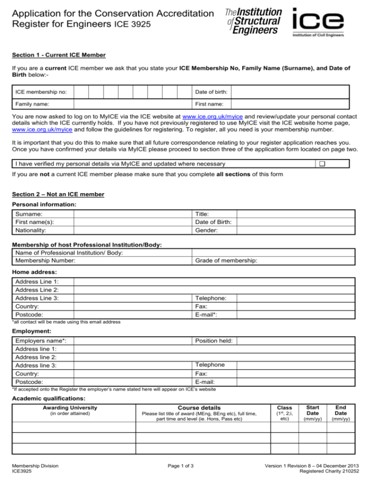 An application form Institution of Civil Engineers