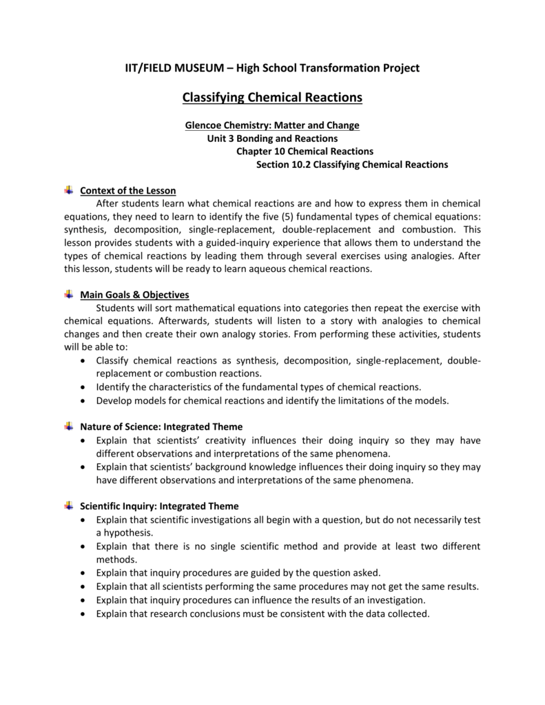 Classifying Chemical Reactions Worksheet In Classifying Chemical Reactions Worksheet