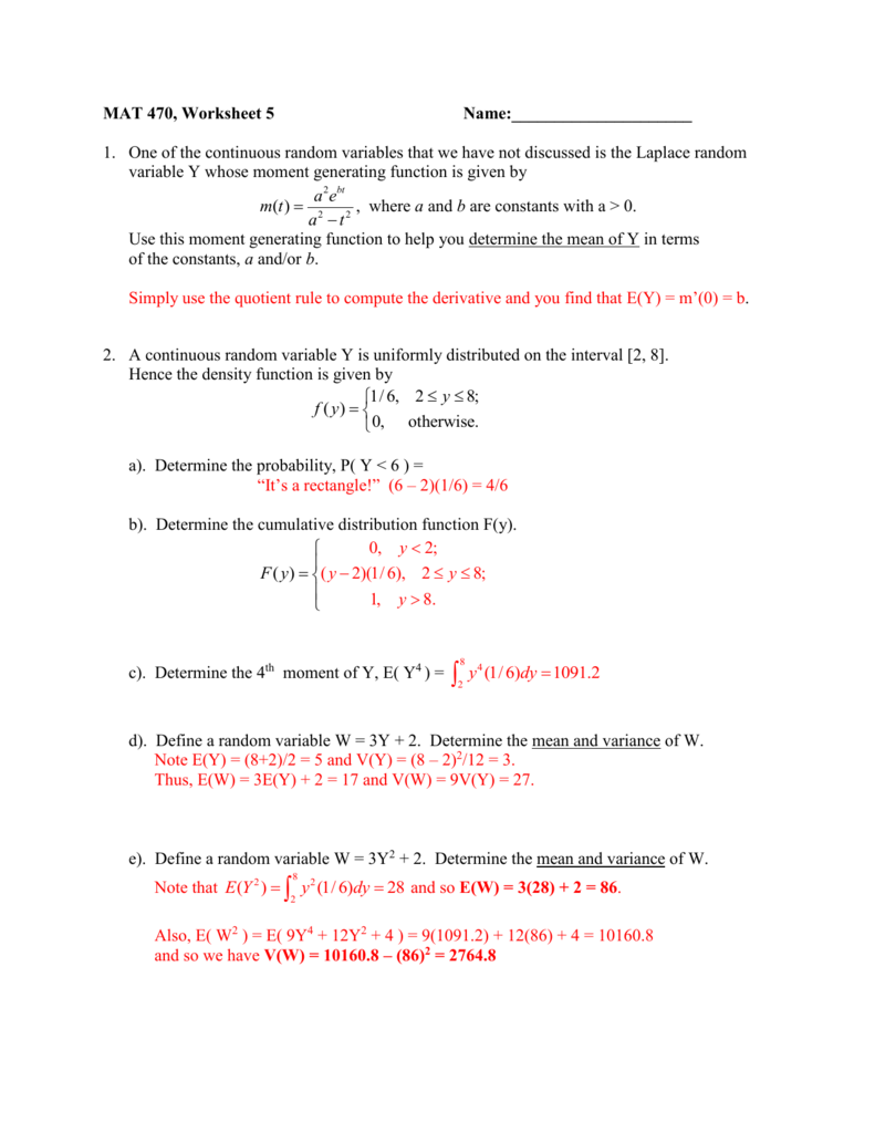 Solutions For Continuous Random Variable Worksheet