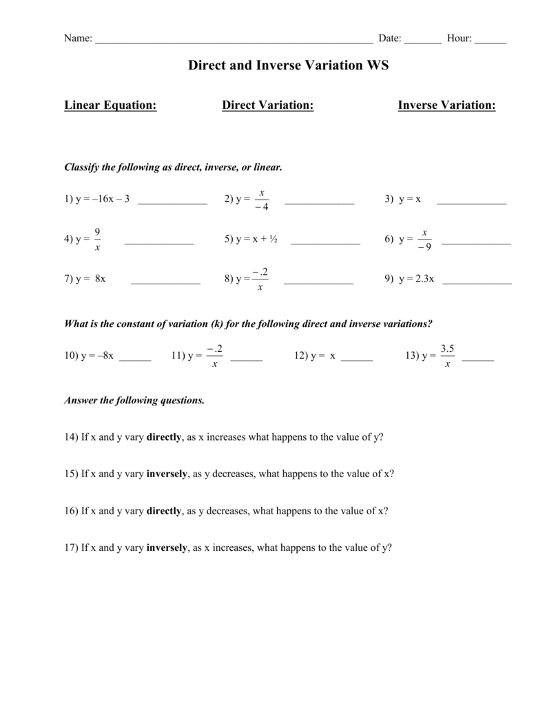 Direct And Inverse Variation Worksheet With Answers Within Direct Variation Worksheet With Answers