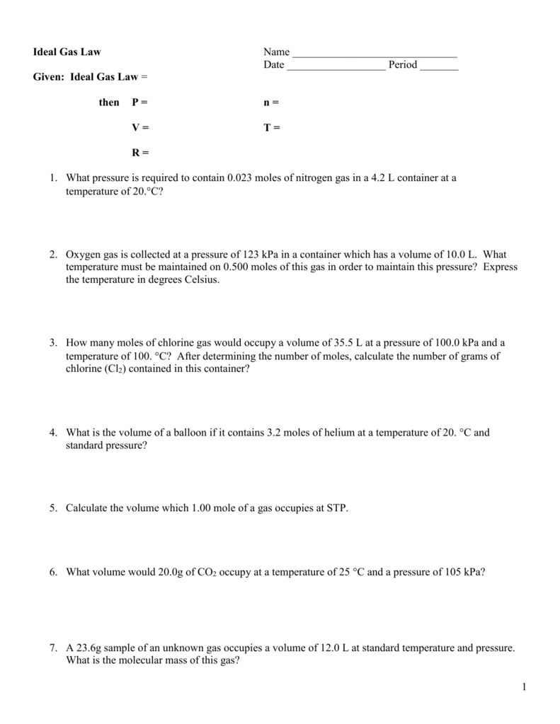Ideal Gas Law Worksheet In Ideal Gas Laws Worksheet