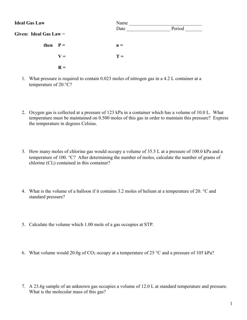 Ideal Gas Law Worksheet