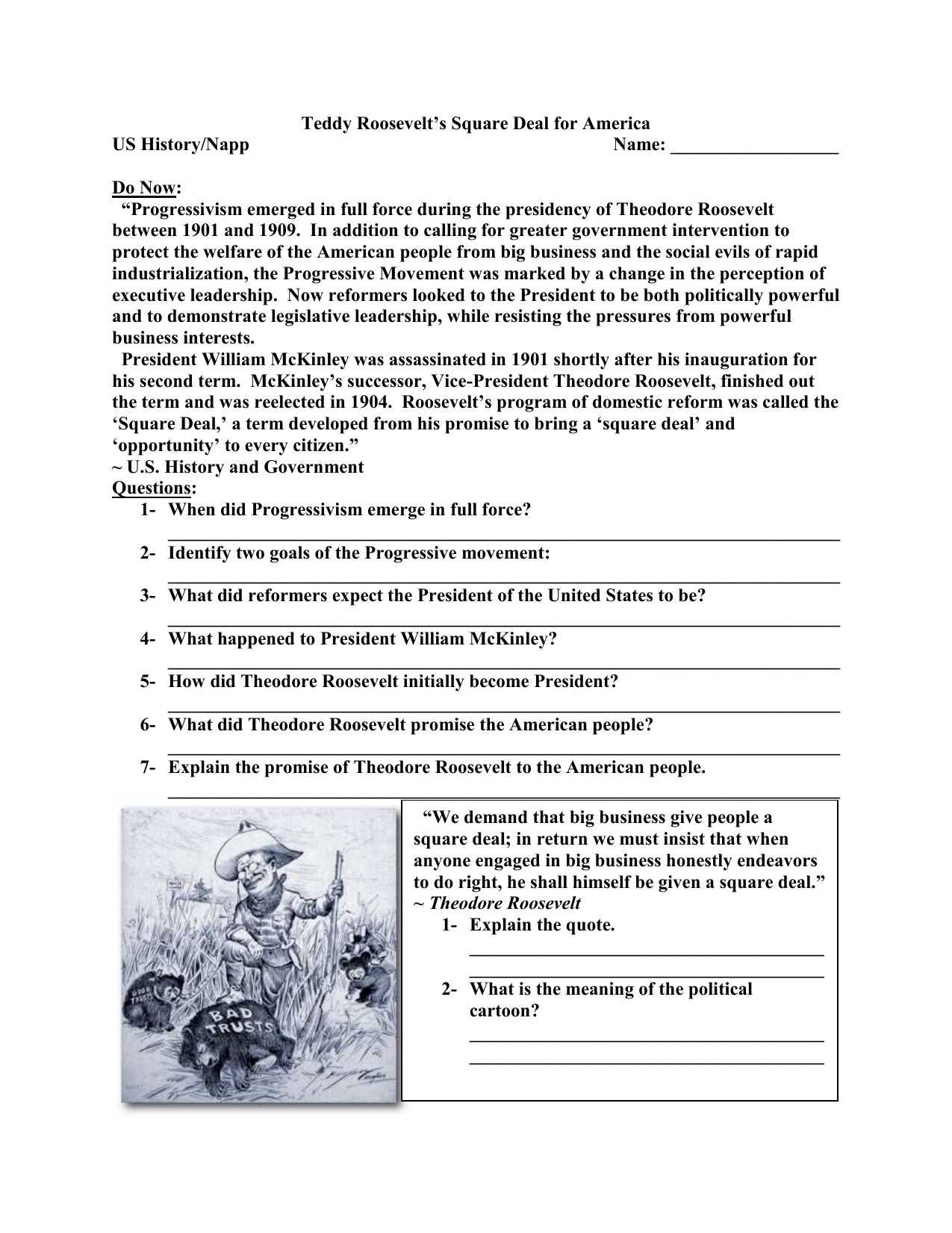 Teddy Roosevelt Square Deal for  America 5 With Regard To Teddy Roosevelt Square Deal Worksheet