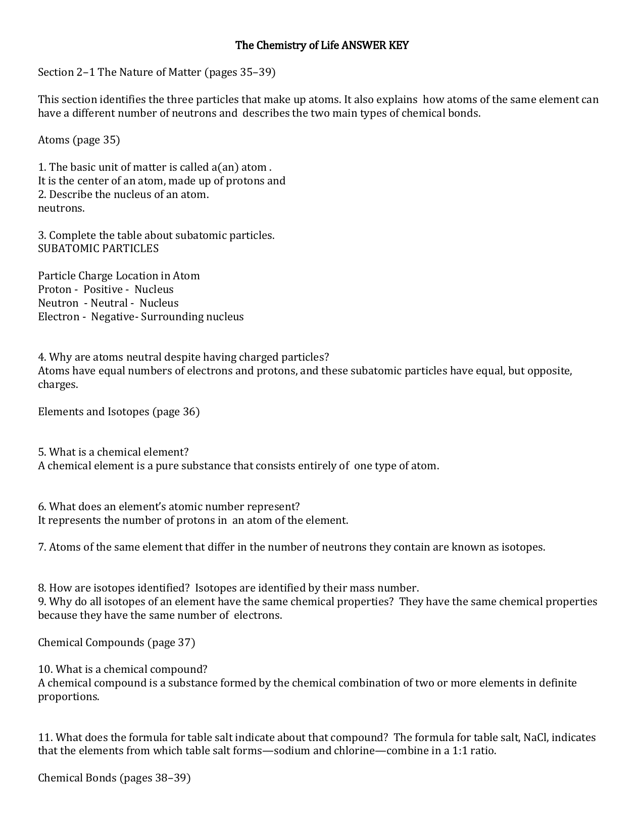 The Chemistry of Life ANSWER KEY Regarding Chemistry Of Life Worksheet