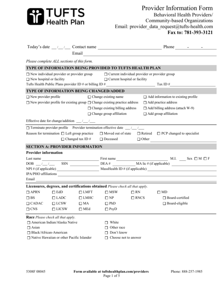 Behavioral Health Provider Information Form