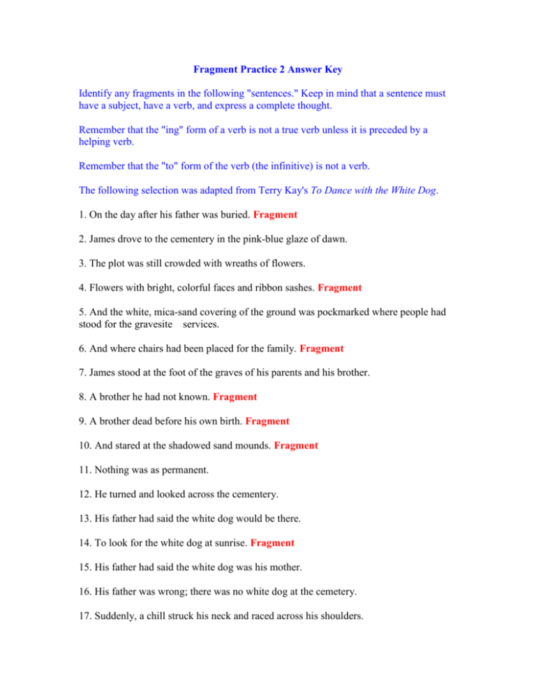 Sentence Fragment Quiz Worksheet