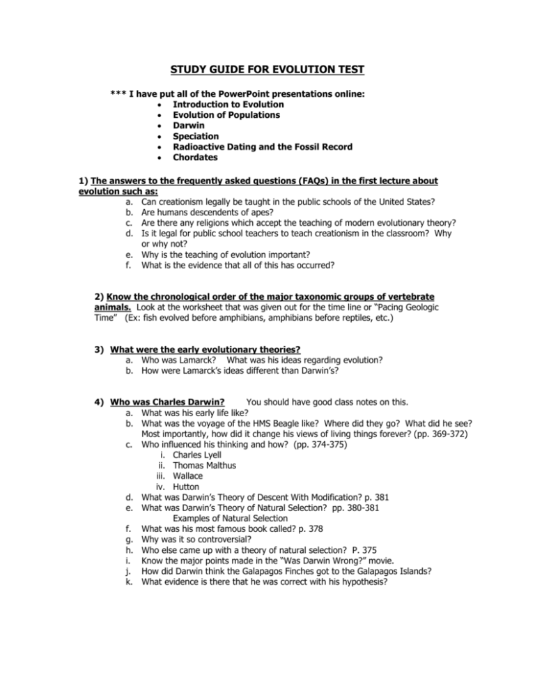 College Prep Biology Evolution Test Review Sheet 1 