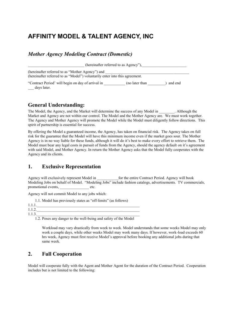 Mother Agency Modeling Contract For talent management agreement template