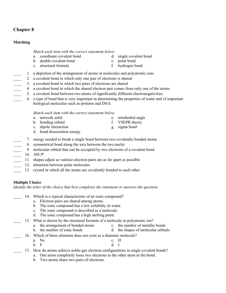 Overview Chemical Bonds Worksheet Answers