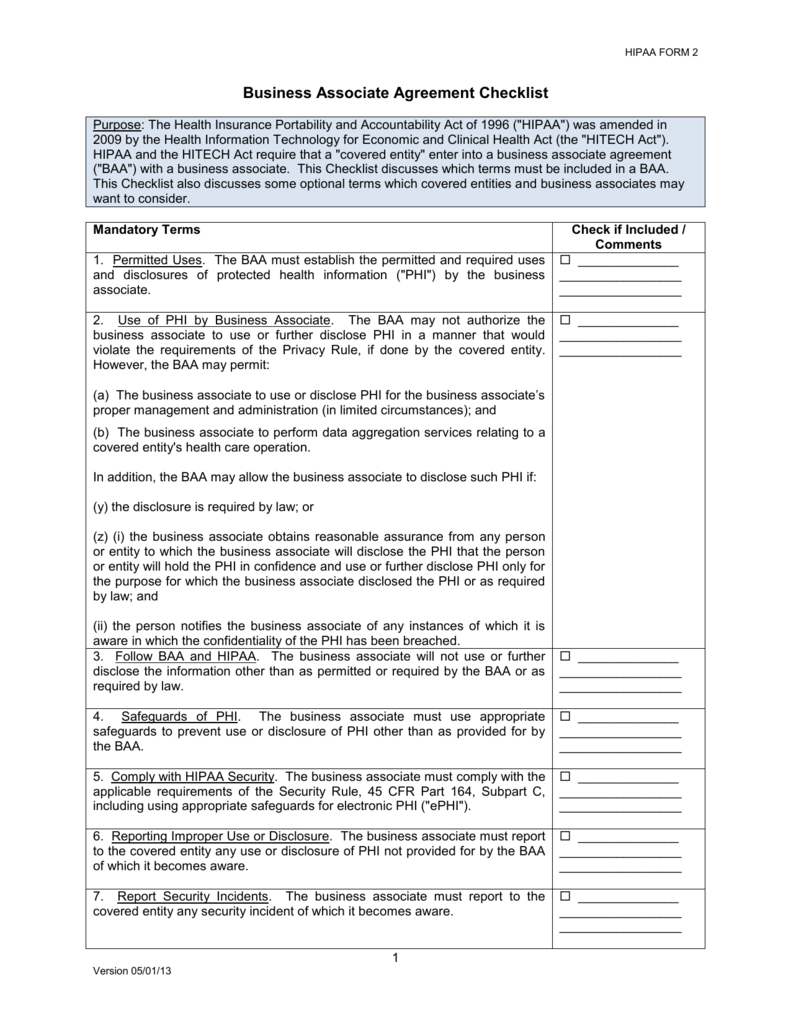 HIPAA business associate agreement checklist () Inside Business Associate Agreement Hipaa Template