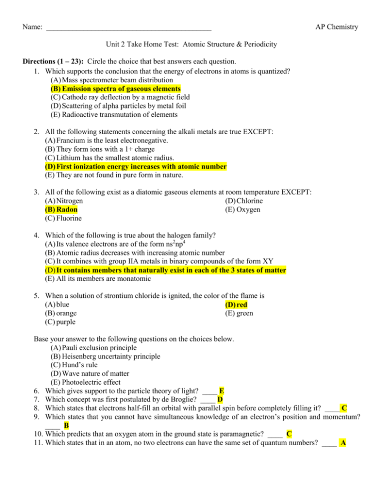 chemistry unit 2 test review answer key