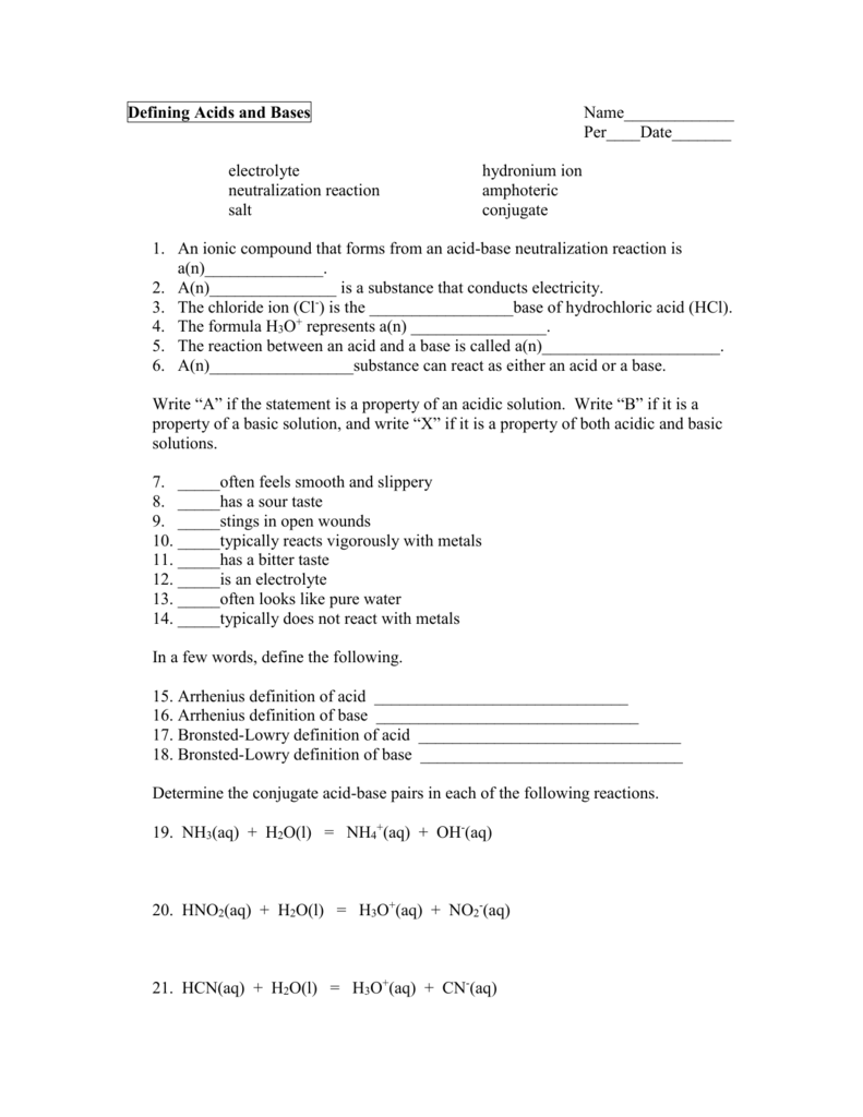 Defining Acids and Bases worksheet Throughout Acid And Base Worksheet Answers