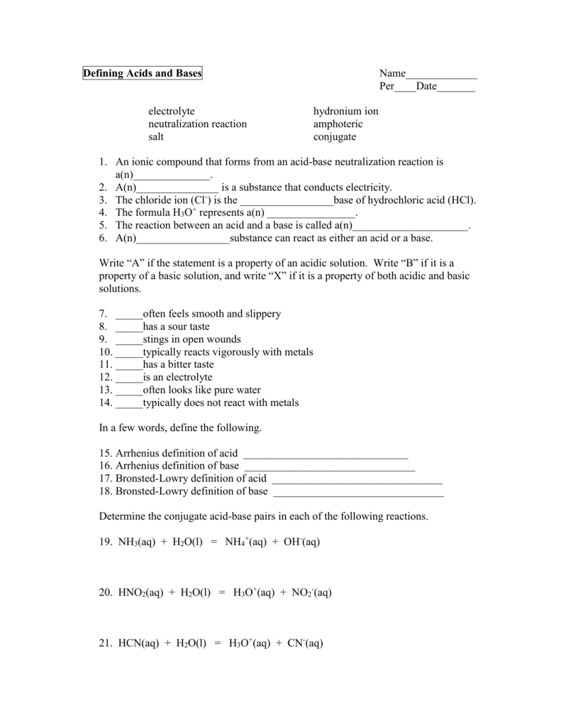 Defining Acids and Bases worksheet Pertaining To Acid Base Reaction Worksheet