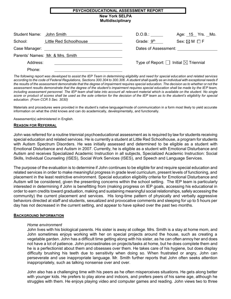 Page of - Ventura County SELPA In Psychoeducational Report Template