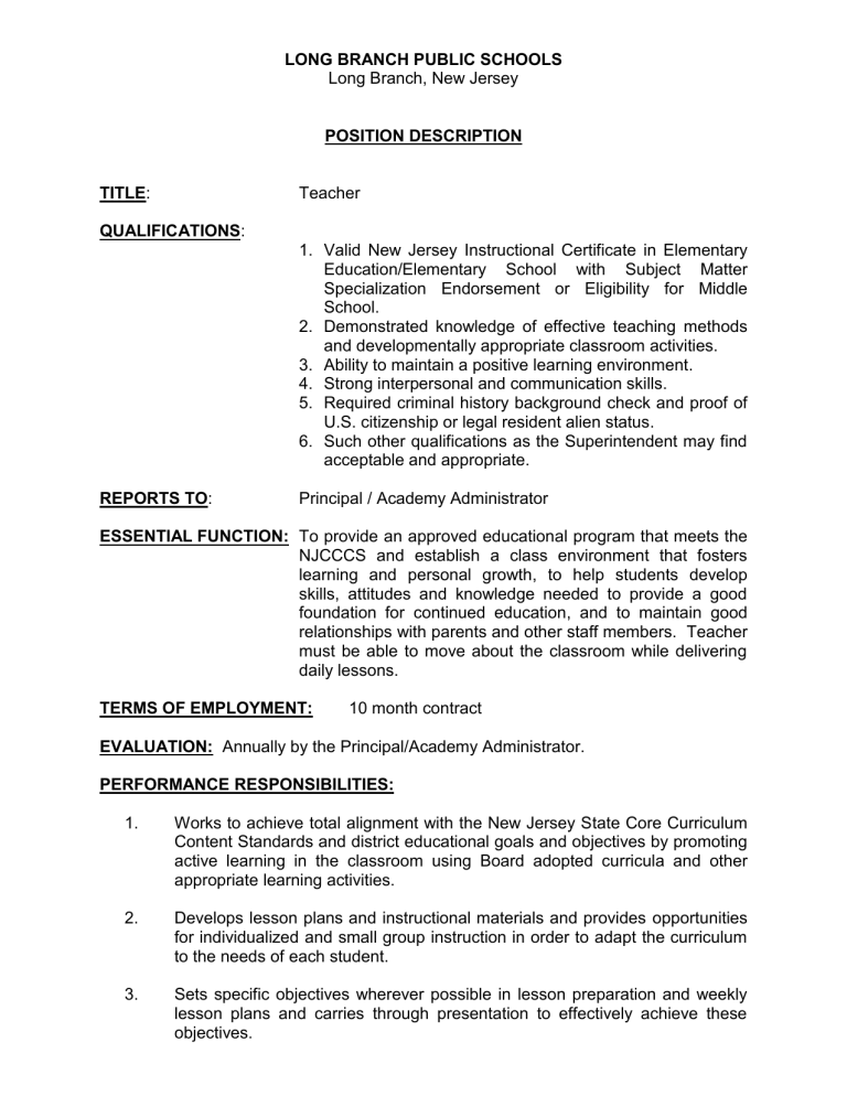Job Description Long Branch Public Schools