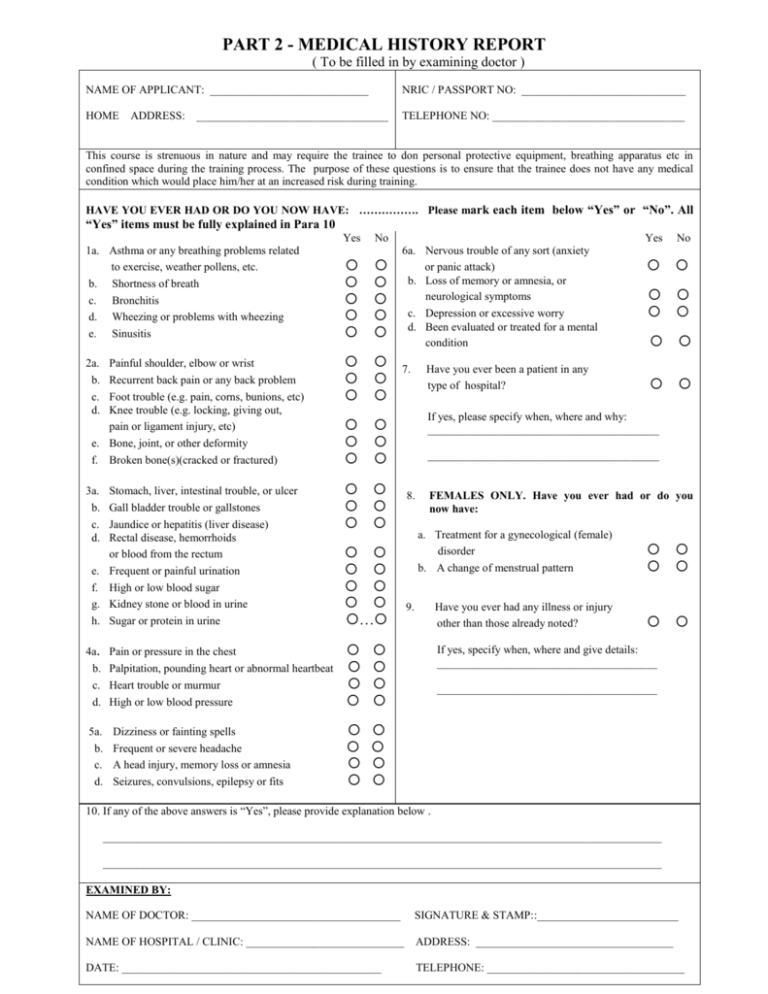 REPORT OF MEDICAL HISTORY