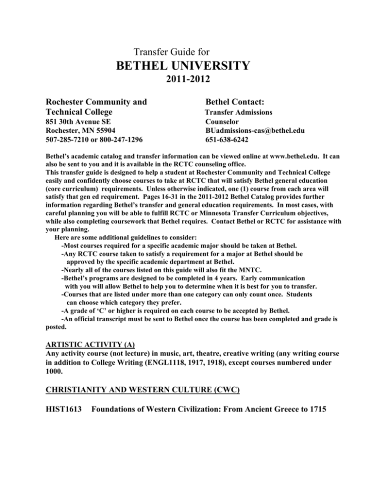 Transfer Guide for Bethel University