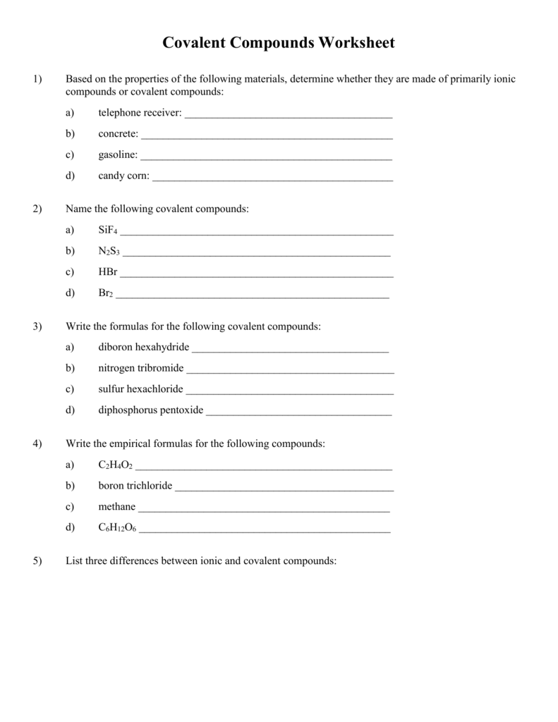 Covalent Compounds Worksheet Throughout Covalent Bonding Worksheet Answer Key