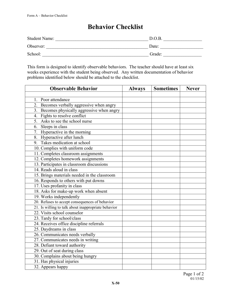 Printable Student Behavior Checklist