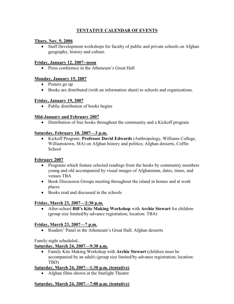 TENTATIVE CALENDAR OF EVENTS