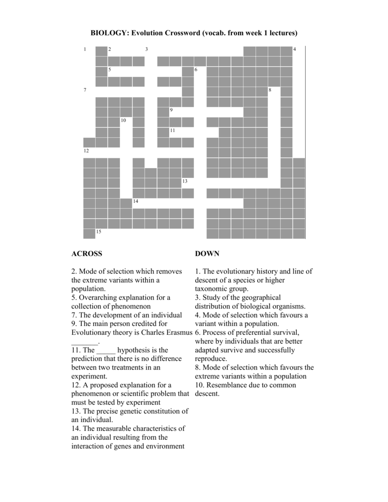 Evolution Crossword Puzzle Answer Key | crossword for kids